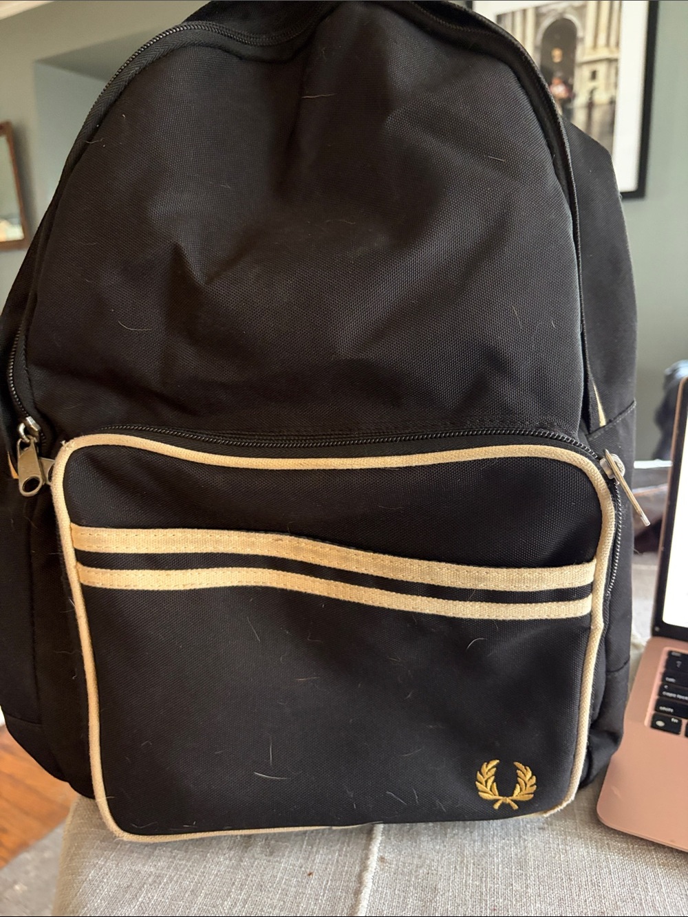 Fred Perry Black Backpack with Cream Trim Accents